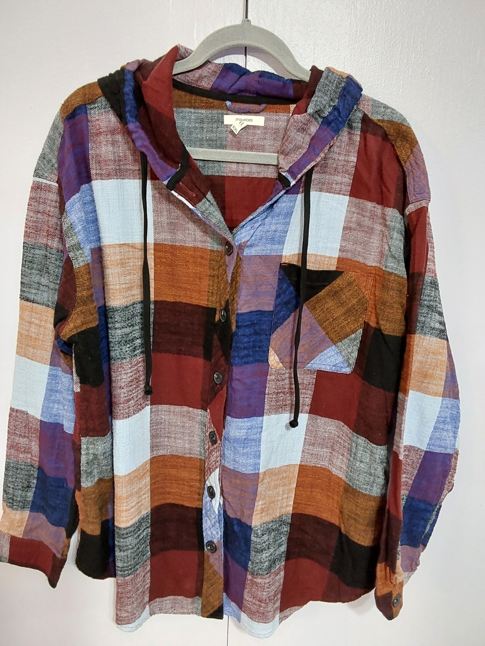 Maurices Multi-Color Plaid Button-Down Hoodie Shirt